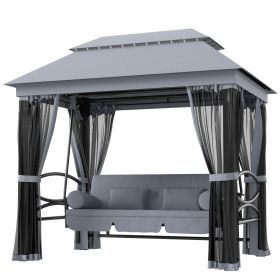 3-Seat Patio Swing Chair with Double Tier Canopy, Porch Swing Chair with Stand, Mesh Sidewalls, Cushioned Seat and Pillows, Gray
