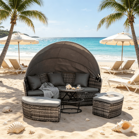 Gray 4-Piece round Rattan Daybed Set Convertible Patio Furniture with Adjustable Sun Canopy Sectional Outdoor Sofa 2 Chairs Extending Tea Table O
