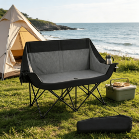 Heated Double Camping Chair 4 Heating Zones Wine Glass Holders Outdoor Portable Comfortable Seat for Camping Trips