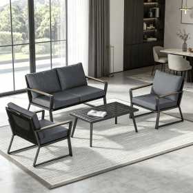 Dark Grey 4 Piece Aluminum Patio Furniture Set Outdoor Garden Sofa Conversation Set with Loveseat Armchairs Center Coffee Table And Cushions