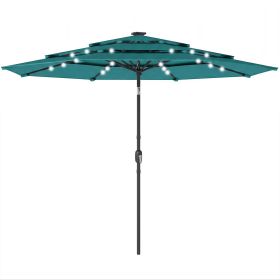 9.7 ft Outdoor Patio Umbrella with Solar LED Lights, 3 Tier Outdoor Table Umbrella with Tilt, Crank, Teal