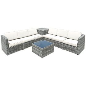 8 Pieces Wicker Sofa Rattan Dining Set Patio Furniture with Storage Table (Color: White)