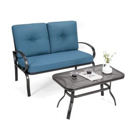 2 Pieces Patio Outdoor Cushioned Coffee Table Seat (Color: Blue)