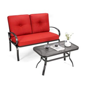 2 Pieces Patio Outdoor Cushioned Coffee Table Seat (Color: Red)
