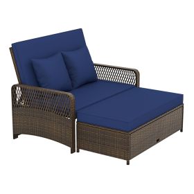 Patio Adjustable Wicker Daybed with 4-Level Backrest and Soft Cushions (Color: Navy)
