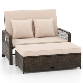 Patio Adjustable Wicker Daybed with 4-Level Backrest and Soft Cushions (Color: Beige)