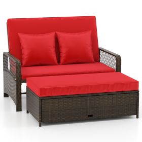 Patio Adjustable Wicker Daybed with 4-Level Backrest and Soft Cushions (Color: Red)
